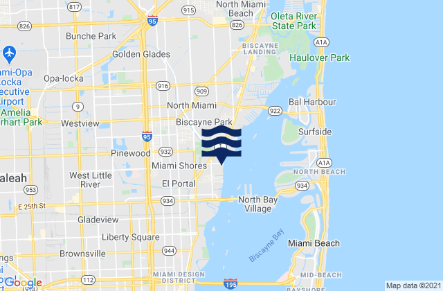 Carte des horaires des marées pour Miami Shores, United States