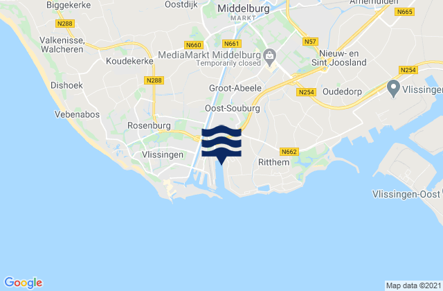 Carte des horaires des marées pour Middelburg, Netherlands