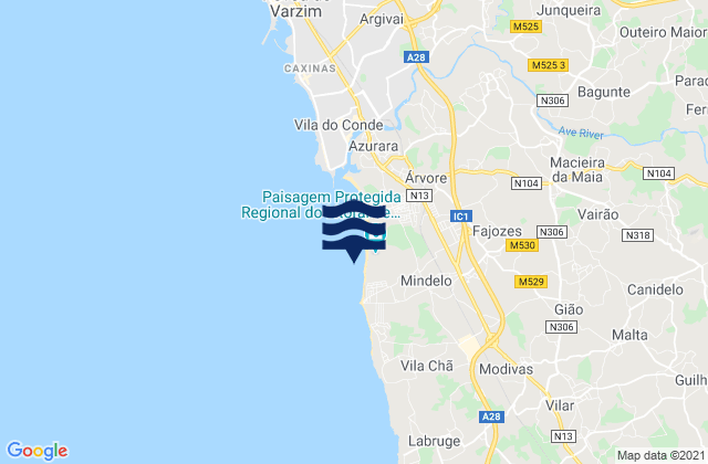 Carte des horaires des marées pour Mindelo, Portugal