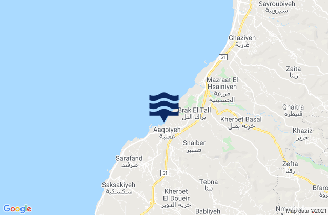 Carte des horaires des marées pour Mohafazat Liban-Sud, Lebanon