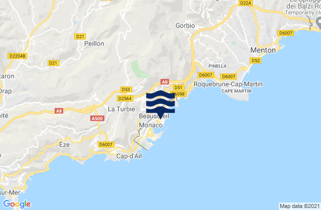 Carte des horaires des marées pour Monte-Carlo, Monaco