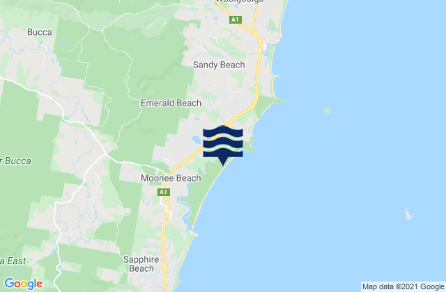 Carte des horaires des marées pour Moonee Beach and Creek, Australia