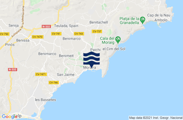 Carte des horaires des marées pour Moraira, Spain