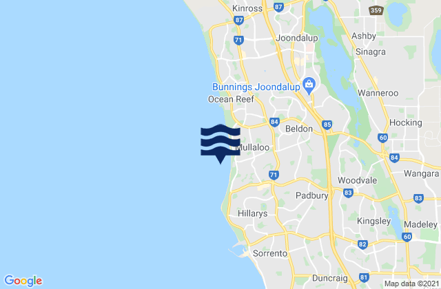 Carte des horaires des marées pour Mullaloo Beach, Australia