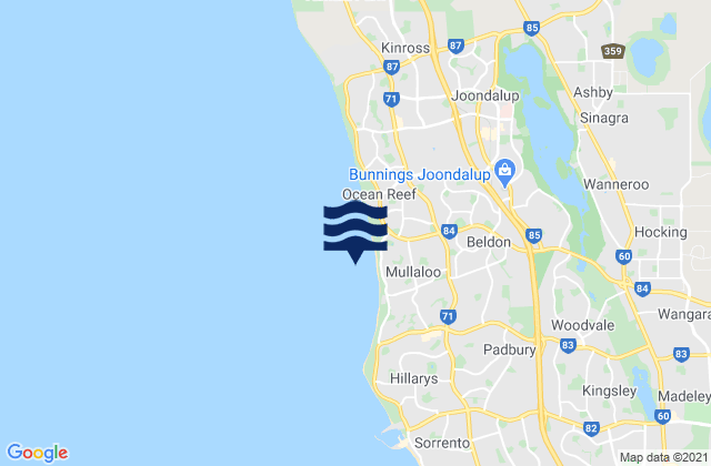 Carte des horaires des marées pour Mullaloo, Australia
