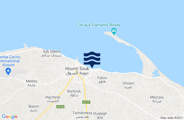 Carte des horaires des marées pour Mu‘tamadīyat Ḩawmat as Sūq, Tunisia