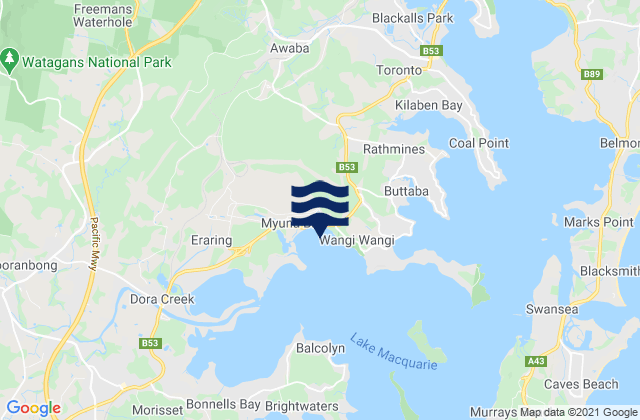 Carte des horaires des marées pour Myuna Bay, Australia