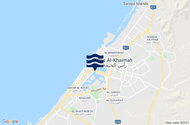 Carte des horaires des marées pour Mīnā’ Şaqr, United Arab Emirates