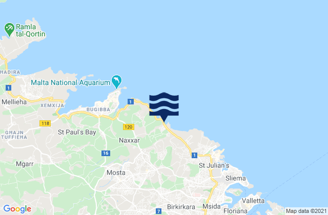 Carte des horaires des marées pour Naxxar, Malta