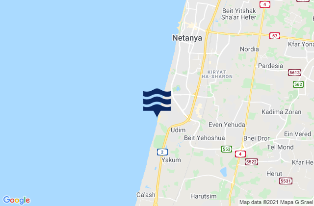 Carte des horaires des marées pour Netanya (Poleg), Palestinian Territory