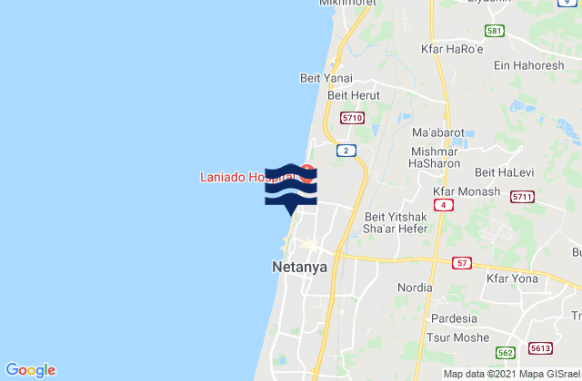 Carte des horaires des marées pour Netanya, Israel