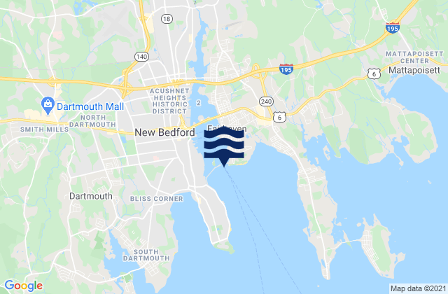 Carte des horaires des marées pour New Bedford Hurricane Barrier, United States