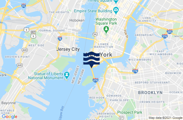 Carte des horaires des marées pour New York (the Battery), United States