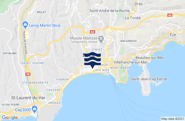 Carte des horaires des marées pour Nice, France