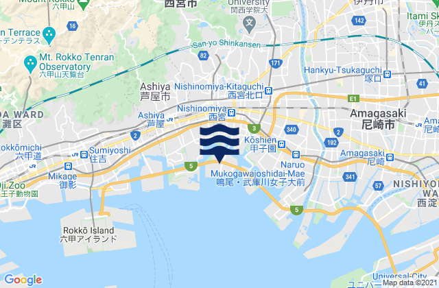 Carte des horaires des marées pour Nishinomiya-hama, Japan