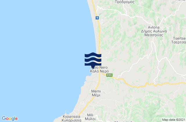 Carte des horaires des marées pour Nomós Messinías, Greece