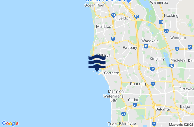 Carte des horaires des marées pour Padbury, Australia