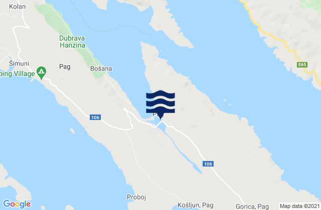 Carte des horaires des marées pour Pag, Croatia