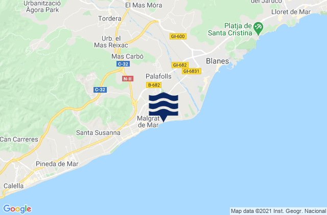 Carte des horaires des marées pour Palafolls, Spain