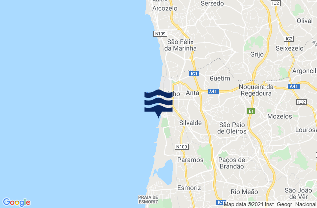 Carte des horaires des marées pour Paços de Brandão, Portugal