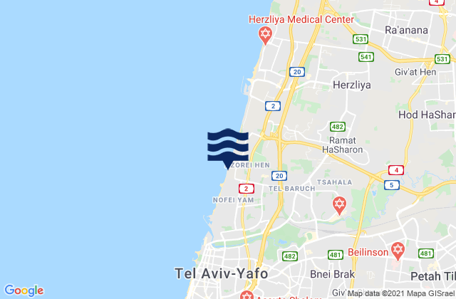 Carte des horaires des marées pour Petaẖ Tiqwa, Israel