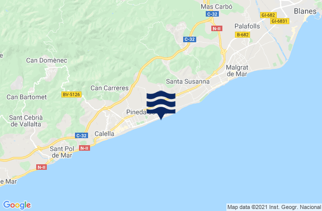 Carte des horaires des marées pour Pineda de Mar, Spain