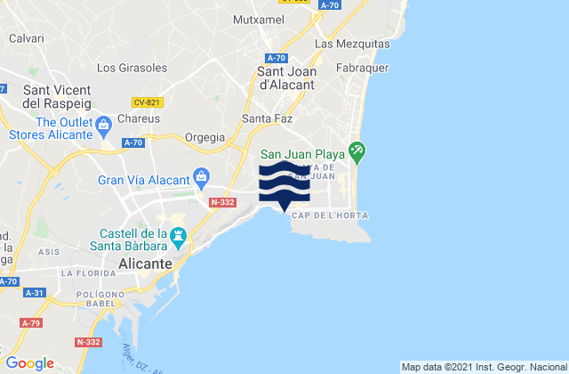 Carte des horaires des marées pour Playa de San Juan, Spain