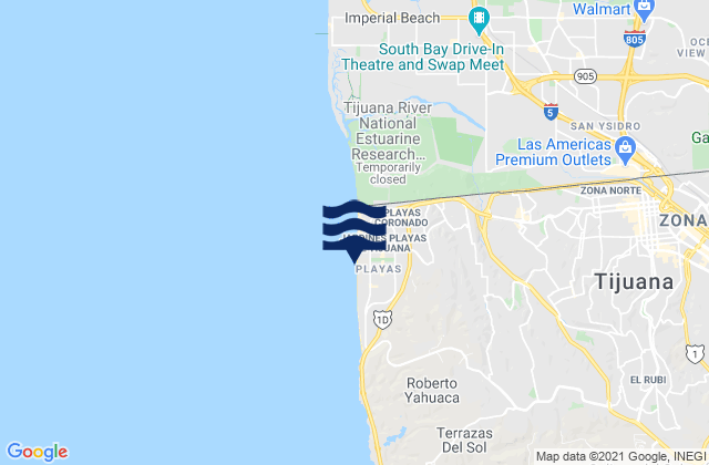 Carte des horaires des marées pour Playas de Tijuana, Mexico
