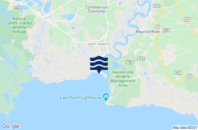 Carte des horaires des marées pour Port Elizabeth Manumuskin River, United States