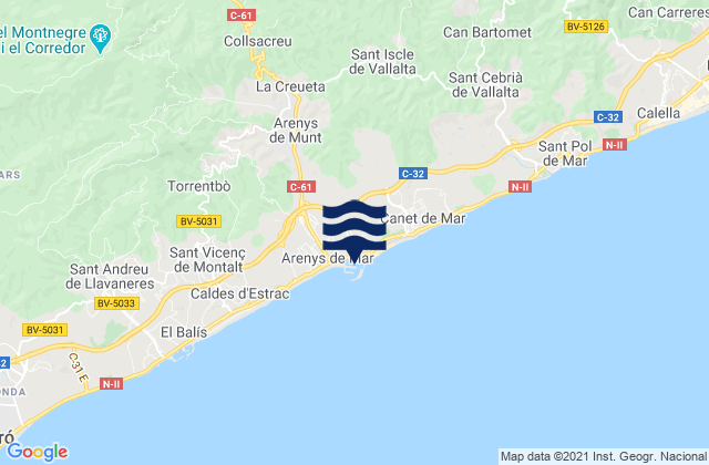 Carte des horaires des marées pour Port d'Arenys, Spain