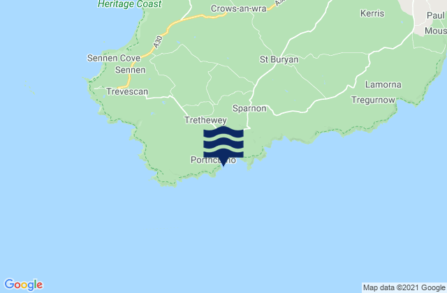 Carte des horaires des marées pour Porthcurno Beach, United Kingdom