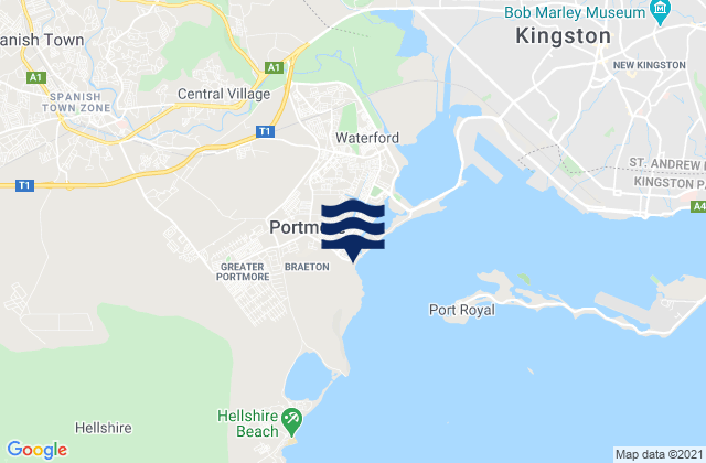 Carte des horaires des marées pour Portmore, Jamaica