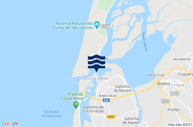 Carte des horaires des marées pour Porto de Aveiro, Portugal