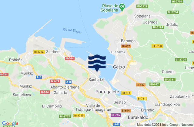 Carte des horaires des marées pour Portugalete Abra Bilbao, Spain
