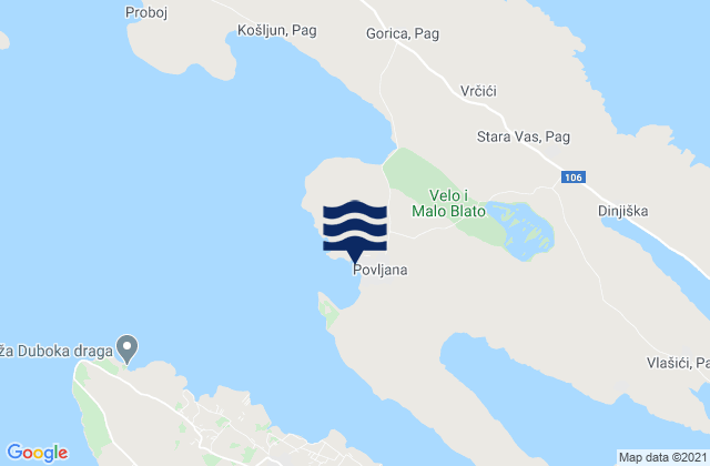 Carte des horaires des marées pour Povljana, Croatia