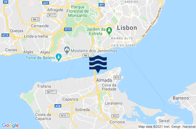 Carte des horaires des marées pour Pragal, Portugal