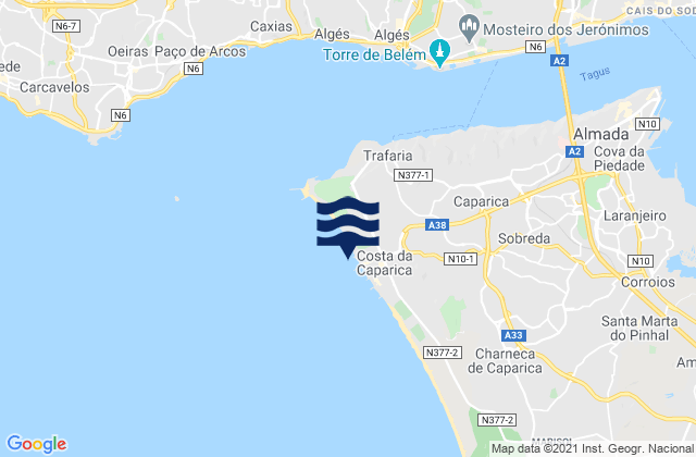 Carte des horaires des marées pour Praia da Costa da Caparica, Portugal