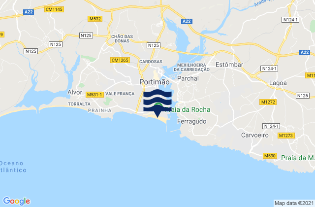 Carte des horaires des marées pour Praia da Rocha, Portugal