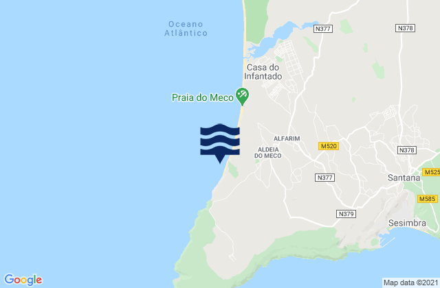 Carte des horaires des marées pour Praia das Bicas, Portugal