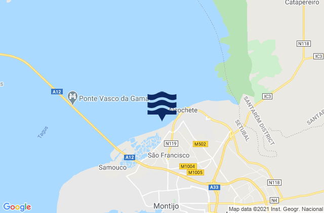 Carte des horaires des marées pour Praia de Alcochete, Portugal