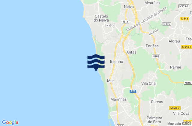 Carte des horaires des marées pour Praia de Belinho, Portugal