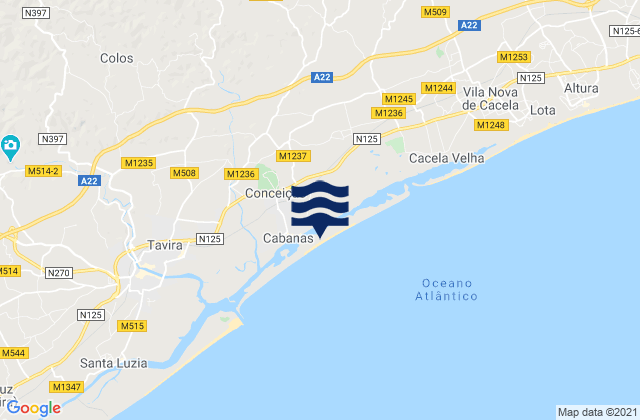 Carte des horaires des marées pour Praia de Cabanas, Portugal