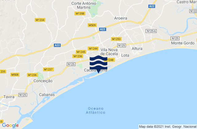 Carte des horaires des marées pour Praia de Cacela Velha, Portugal