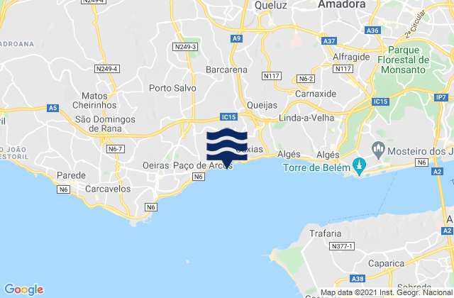 Carte des horaires des marées pour Praia de Caxias, Portugal