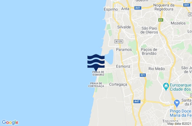 Carte des horaires des marées pour Praia de Esmoriz, Portugal