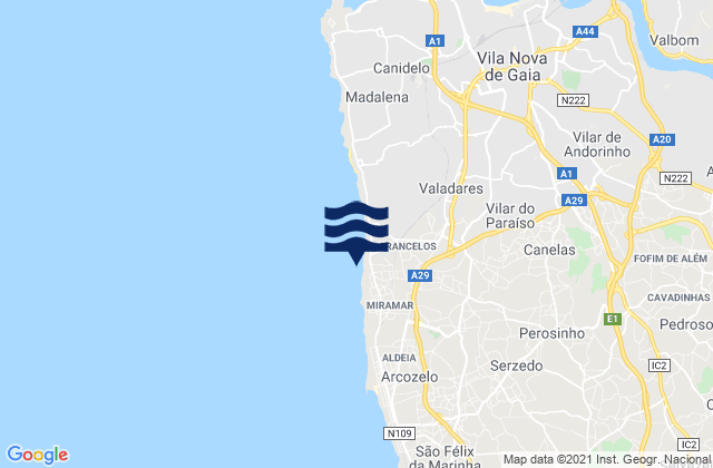 Carte des horaires des marées pour Praia de Francemar, Portugal