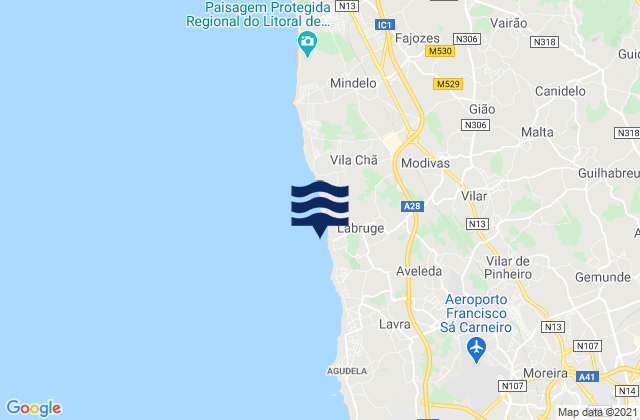 Carte des horaires des marées pour Praia de Labruge, Portugal