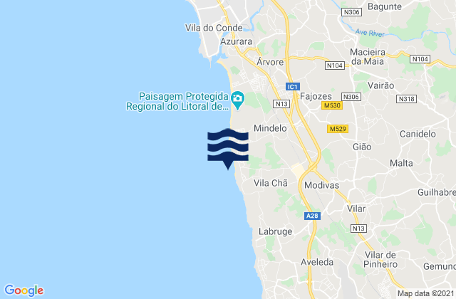 Carte des horaires des marées pour Praia de Laderça, Portugal