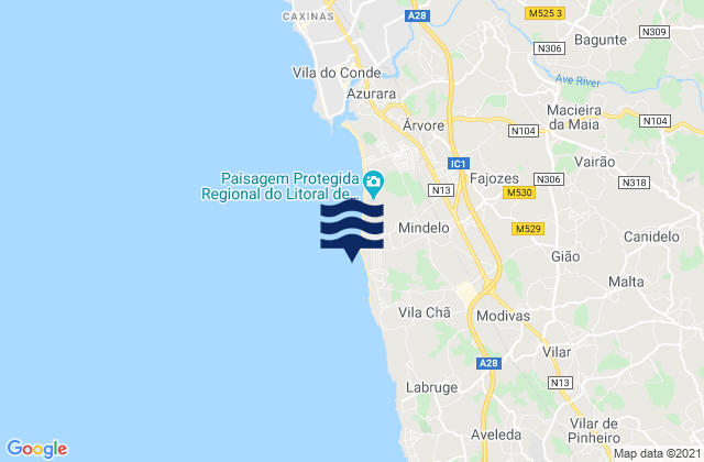 Carte des horaires des marées pour Praia de Mindelo, Portugal