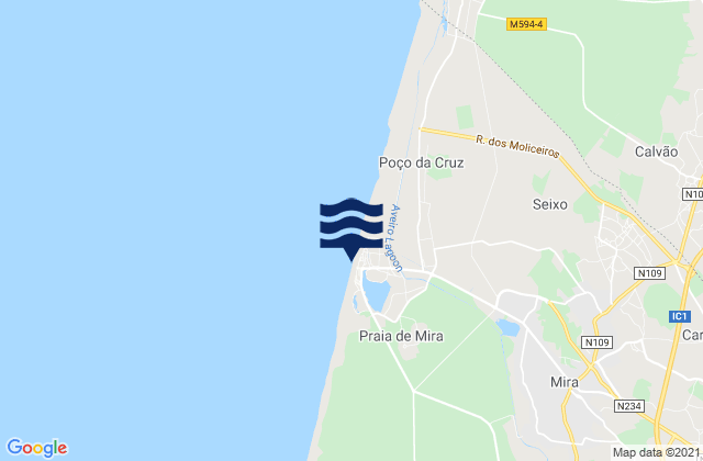 Carte des horaires des marées pour Praia de Mira, Portugal
